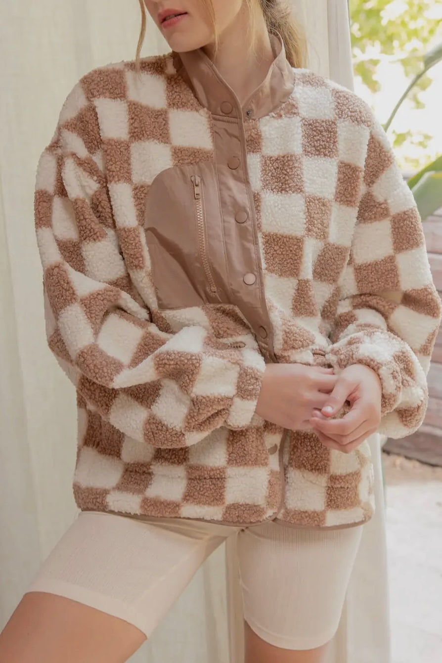 Tan Checkered Fleece Jacket