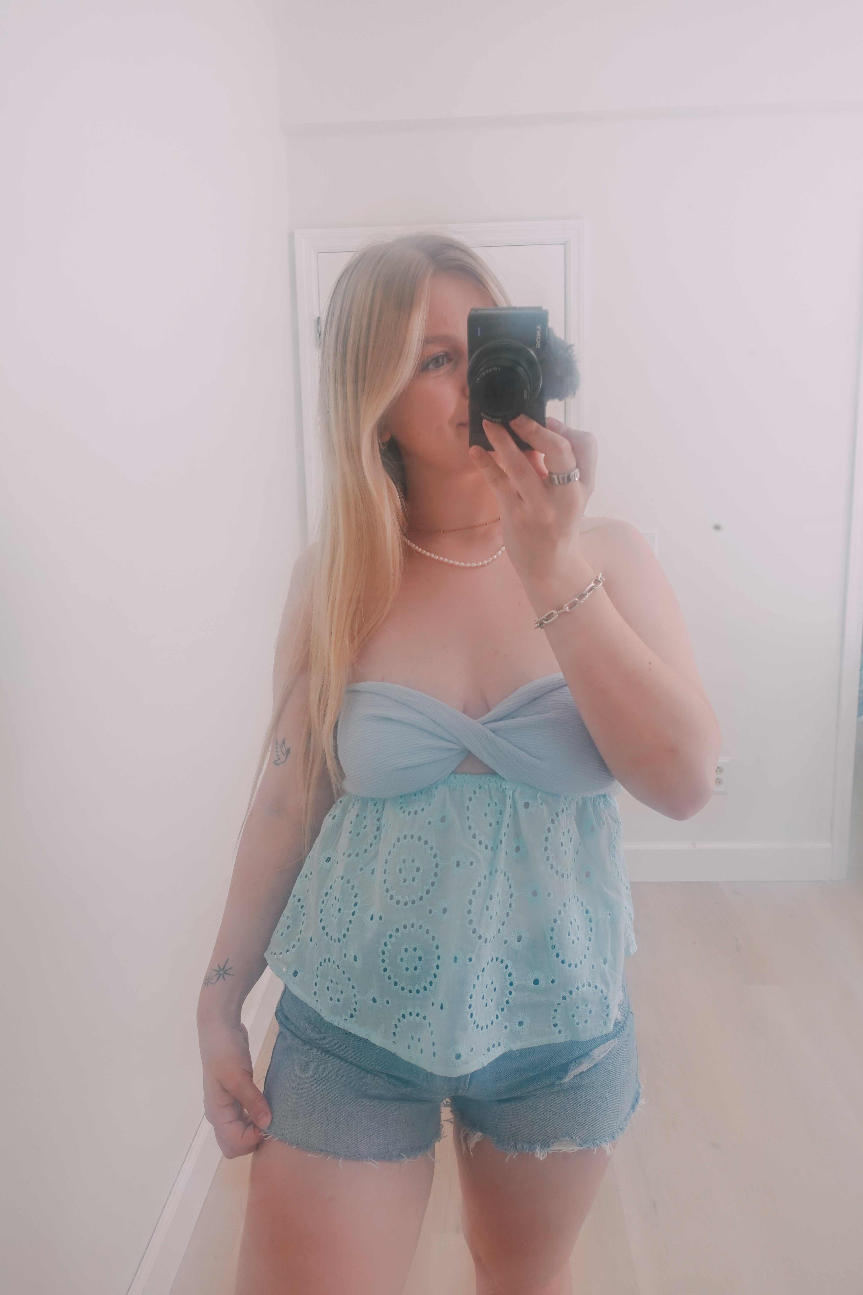 Light Blue Eyelet Strapless Top