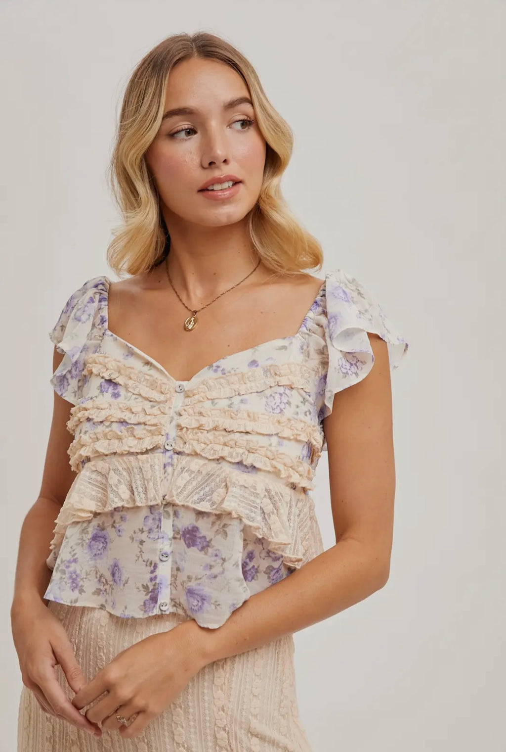 Lavender Ruffles and Floral Top