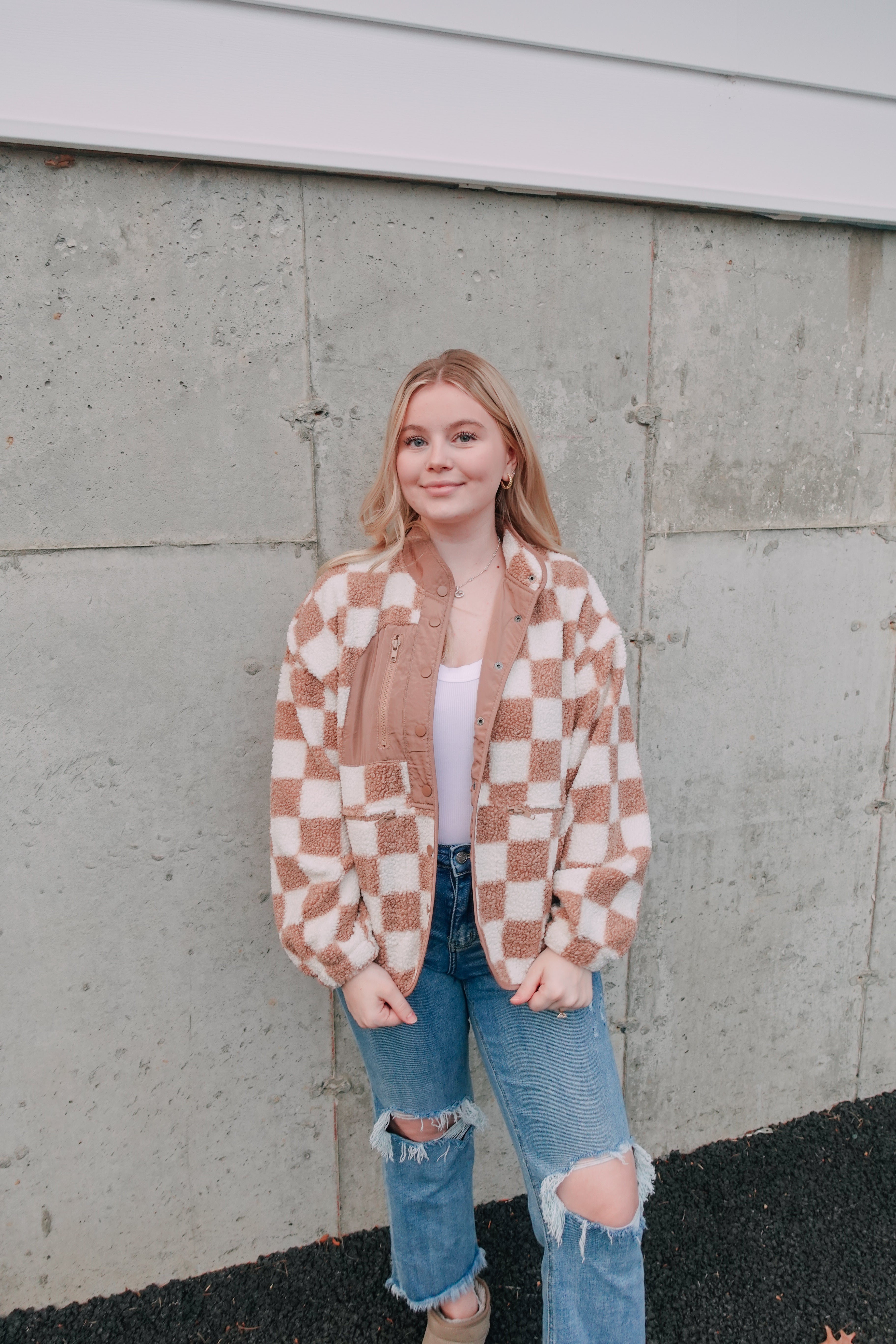 Tan Checkered Fleece Jacket