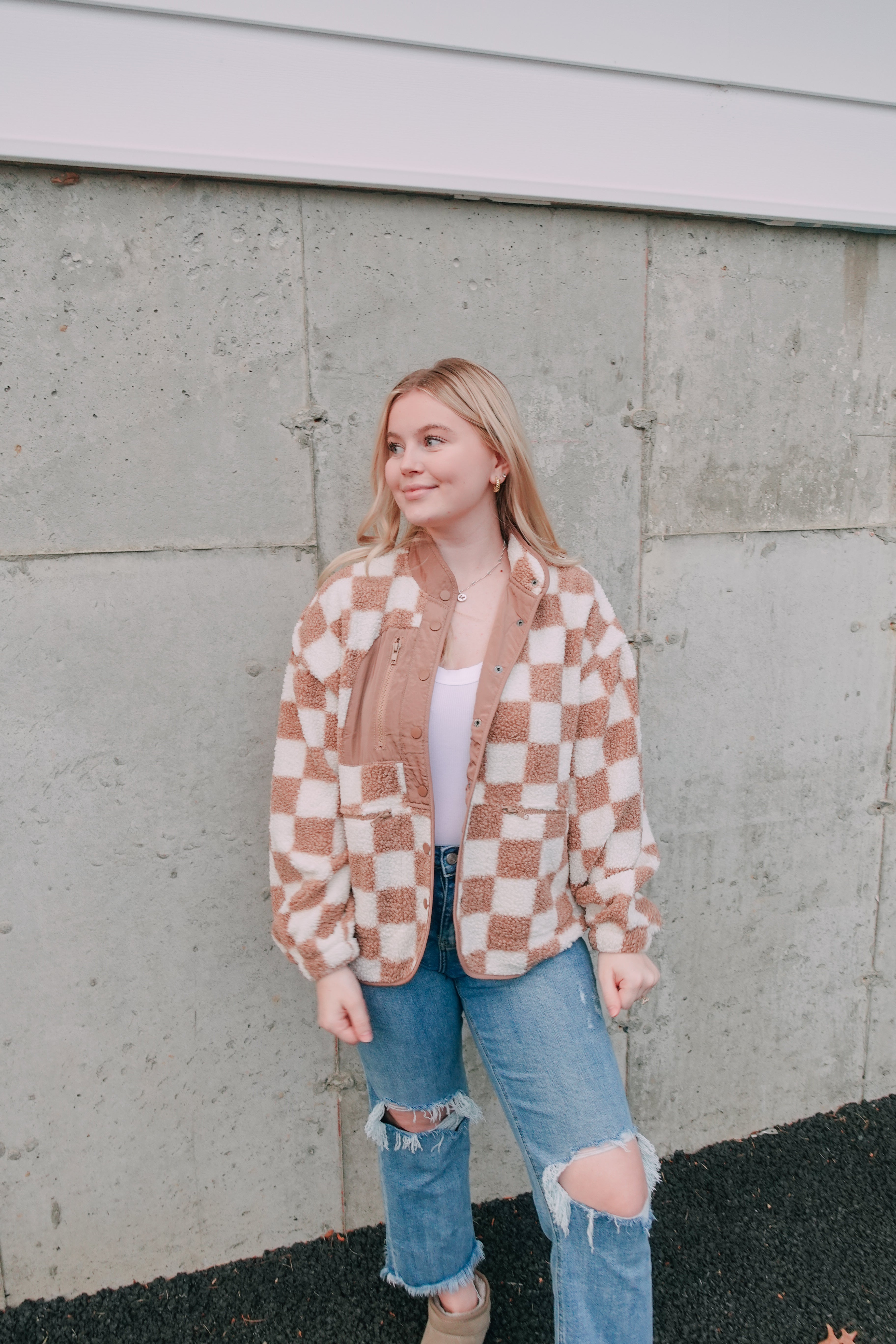 Tan Checkered Fleece Jacket