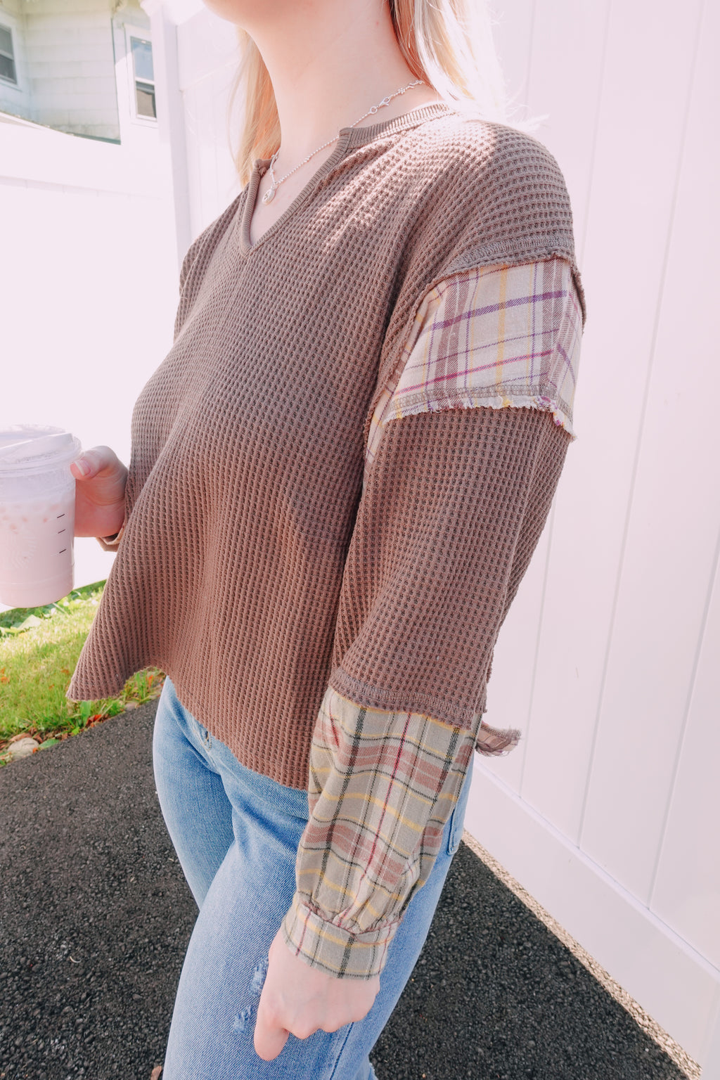 Mocha Mixed Waffle Flannel Top
