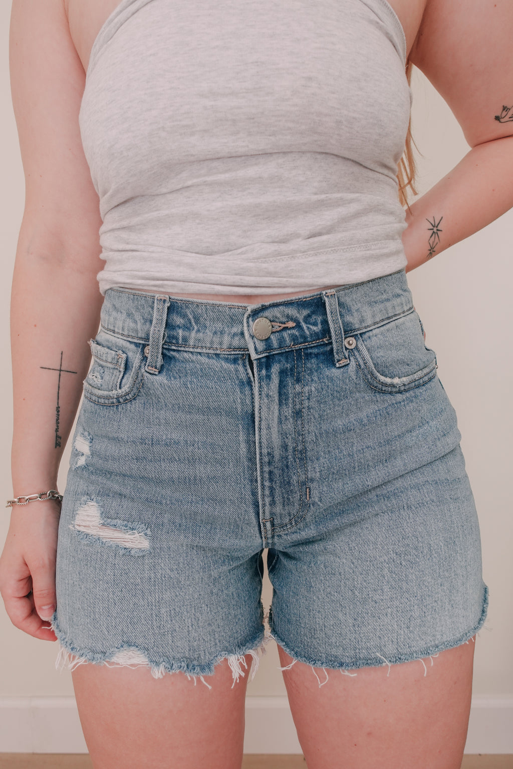 Light Denim Slight Distressed Stretch Shorts