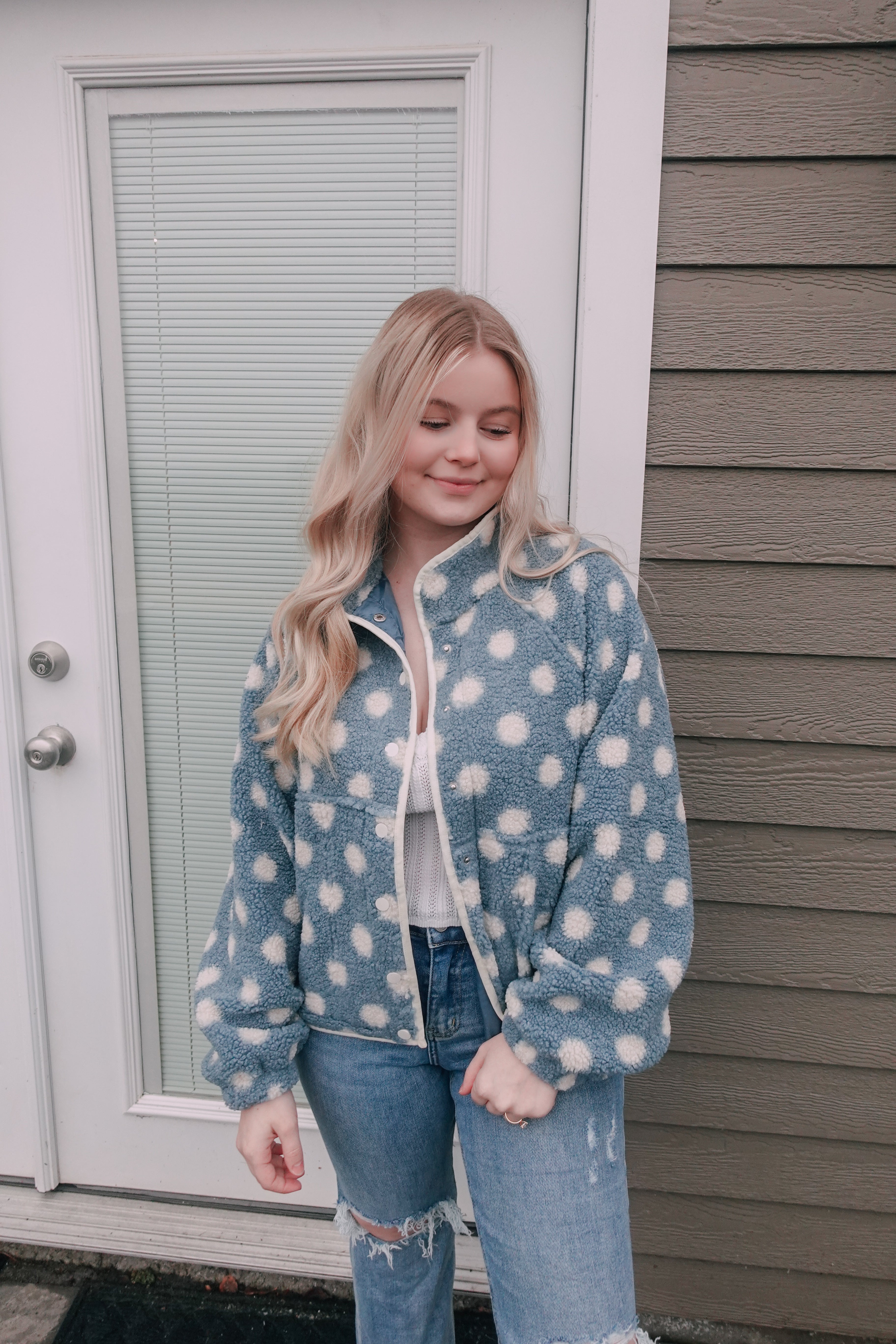 Polka Dot Button Down Jacket Blue